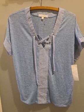 Ivy Ridge Striped Trim Light Blue Lace-Up Top